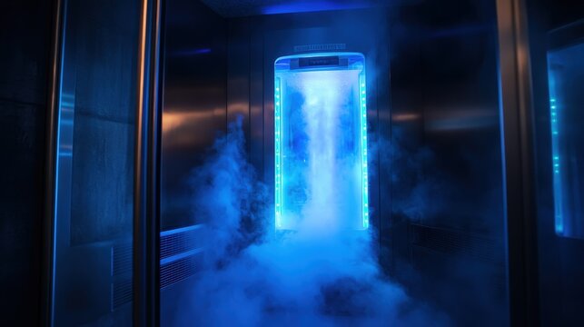 This high-tech cryotherapy chamber features glowing blue lights and a haze of mist, creating a serene atmosphere for recovery and wellness