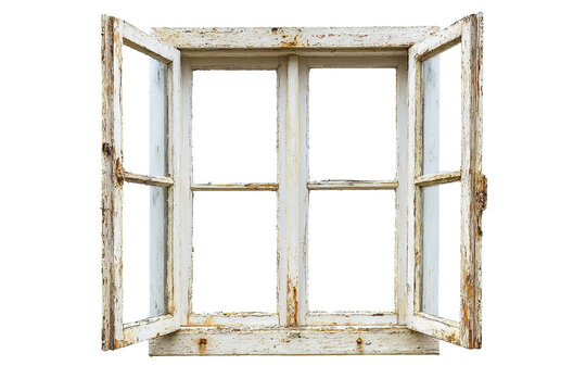 Vintage wooden window frame with open panes on isolated transparent background. showcasing rustic, aged charm for various design projects.