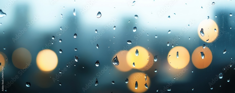 Aufkleber a close-up view of raindrops on a window, creating a blurred background with warm glowing bokeh ligh
