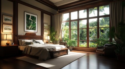 A serene bedroom with large windows, warm lighting, lush greenery outside, and a cozy, inviting atmosphere.
