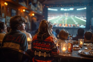 Children and adults enjoy a cozy gathering while watching a football game on a large screen in a warmly lit social venue during the evening
