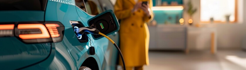 Electric car charging at home with person in background, representing modern sustainable living and clean energy innovation.