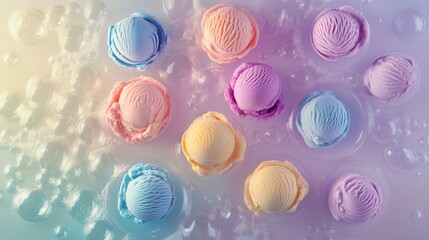 Fototapeta premium Colorful ice cream scoops arranged in circles on a pastel background.