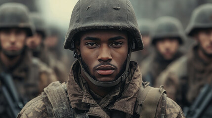 Obraz premium A young African American soldier in uniform looks intensely at the camera.