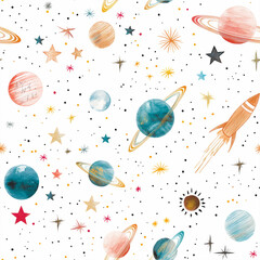 Cute seamless pattern with planets and stars for kids. Cosmic elements pattern