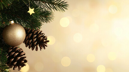Obraz premium A beautiful Christmas tree adorned with shiny baubles and pine cones creates festive atmosphere. warm bokeh background enhances holiday spirit, making it perfect for seasonal celebrations