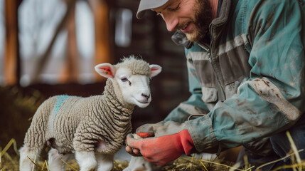 Farmer in overalls gently caring for a cute lamb in a rustic barn, showcasing tenderness and rural livestock farming life.