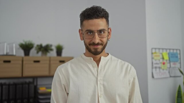 Attractive young hispanic man in a white shirt standing confidently in an office with a whiteboard and plants in the background.