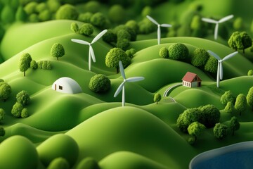 A vibrant landscape featuring green hills, wind turbines, and eco-friendly homes, promoting renewable energy and sustainability.