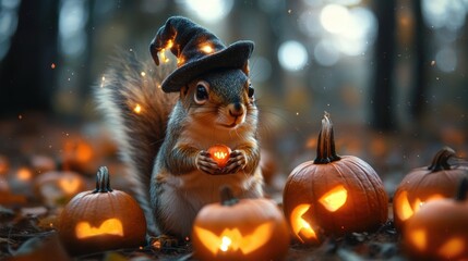 Naklejka premium A whimsical squirrel wearing a witch hat, surrounded by glowing pumpkins, perfect for Halloween-themed visuals.