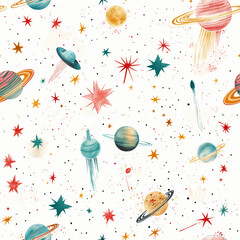 Cute seamless pattern with planets and stars for kids. Cosmic elements pattern