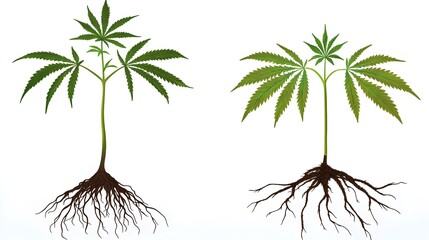 Obraz premium A cannabis plant, with roots, stem, and leaves, isolated on a white background. 