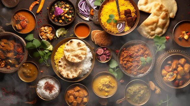 Top view of a colorful assortment of Indian food. Delicious food and spices with smoke around