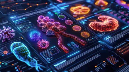 Futuristic digital interface displaying various microorganisms and biological data visualizations on a high-tech screen.