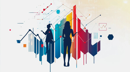 Abstract business team work stands on the peak of success amid tall, innovative Smart city and graphs with statistics to analyze business potential and predict future developments in company growth.