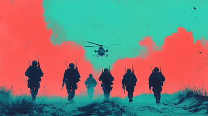 Obraz premium Silhouettes of soldiers running towards a helicopter in a red and blue sky.
