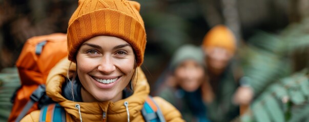 Group of happy hikers in autumn attire enjoying a trail in the forest, smiling and looking at the camera with backpacks and beanies.