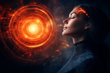 Axon fMRI synaptic and hippocampus woman meditating with swirling neural energy representing mental strength and inner peace