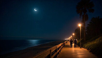 Couples enjoying a peaceful evening walk on a boardwalk by the beach under a crescent moon and glowing streetlights, capturing a tranquil coastal vibe.
