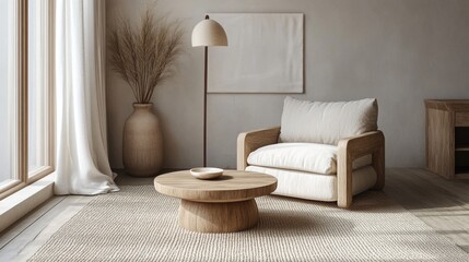 Cozy living room featuring a modern wooden chair, round table, elegant lamp, and minimalist decor for a serene atmosphere.