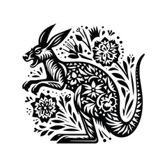 Kangaroo in folk art black and white silhouette illustration -