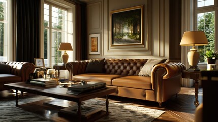 Elegant living room with plush furniture, warm lighting, and tasteful decor creating a cozy, inviting atmosphere.