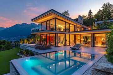 Modern luxury house with a swimming pool and garden in the mountainous region.