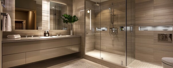 Modern luxury bathroom interior with glass shower, dual sinks, and elegant decor. Soft lighting enhances the sleek and contemporary design.