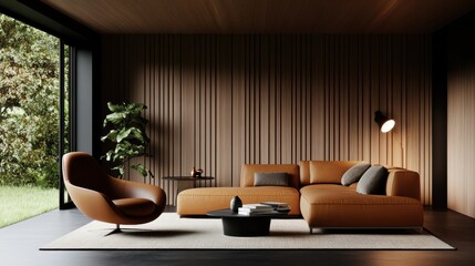 Stylish modern living room featuring a cozy brown sofa, elegant decor, and large windows that overlook a lush garden.