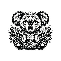 Koala in folk art black and white silhouette illustration -