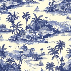 Seamless vintage tropical island pattern with palm trees, houses, and boats in classic blue and white color scheme.