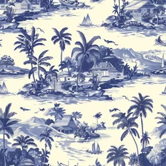 Seamless vintage tropical island pattern with palm trees, houses, and boats in classic blue and white color scheme.