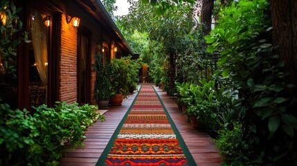 A vibrant pathway adorned with colorful rugs surrounded by lush greenery and cozy lighting, ideal for enchanting outdoor settings. Hispanic Heritage, Day of the dead