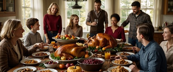 A Thanksgiving Feast to Remember: Generations gather around a bountiful table, sharing laughter, stories, and the warmth of family tradition. 