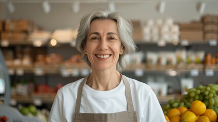 Smiling female shopkeeper with apron standing in a grocery store, featuring fresh fruits and shelves filled with products in the background.