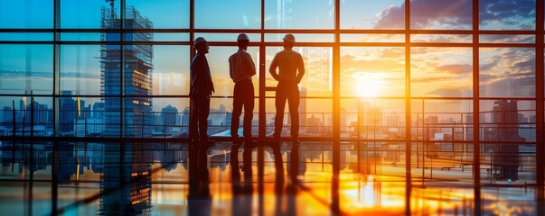Silhouetted business professionals discussing plans in front of a large window with a stunning sunset view and cityscape background.