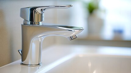 Closeup of a chrome faucet. Ideal for illustrating water, cleanliness, or bathroom design.