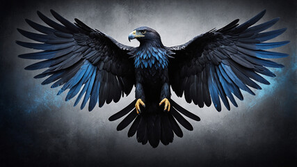 Dark majestic bird with bright blue feathers spread out against a stormy gradient background, full view.