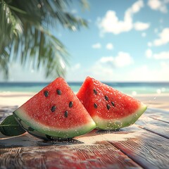 Fresh watermelon slices on a rustic table with a beautiful beach background, perfect for summer and food photography.