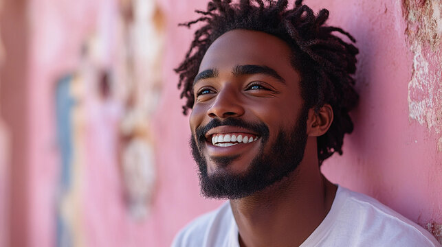 black man is laughing brightly, pink background, wearing white shirt - Powered by Adobe