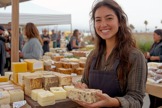A cheerful woman wearing an apron smiles while holding a handcrafted bar of soap at an outdoor market.