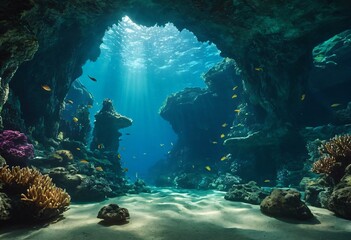 Fototapeta premium Underwater cave in fantasy underwater world. Ai generated image