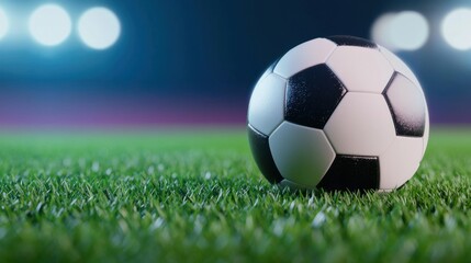A close-up view of a classic black and white soccer ball resting on lush green grass under bright stadium lights.