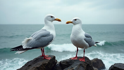 Two Seagulls on Rocky Coastline, Photo Realistic, Wallpaper, Cover and Screen for Smartphone, PC, Laptop, 16:9 Format