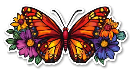 Obraz premium A beautiful, colorful butterfly with flowers in the background, in a sticker-style design, on a white solid background