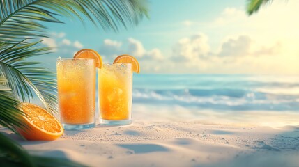 Refreshing tropical drinks on a sandy beach, ideal for summer and vacation vibes, featuring fruity orange garnishes.