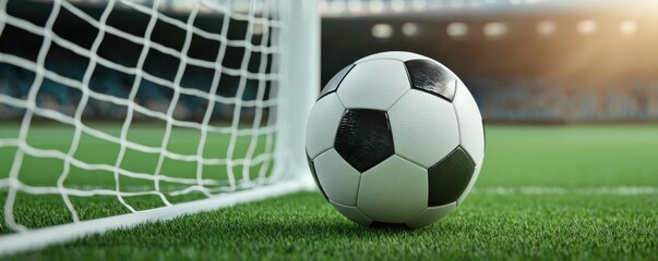 Naklejka premium A close-up view of a soccer ball near the goalpost, emphasizing the excitement of the game on a vibrant green field.