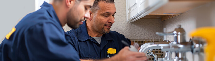 Fototapeta premium Two professional plumbers in uniform working on a kitchen sink installation or repair, focusing on tools and pipes.