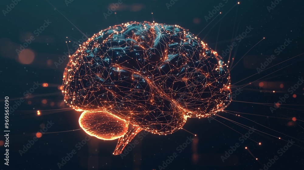 Poster a glowing digital brain representing artificial intelligence and neural networks.