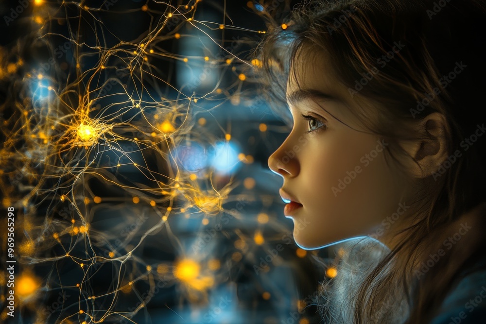 Poster vesicle basal synaptogenesis and fmri side profile of a child with glowing neural network symbolizin